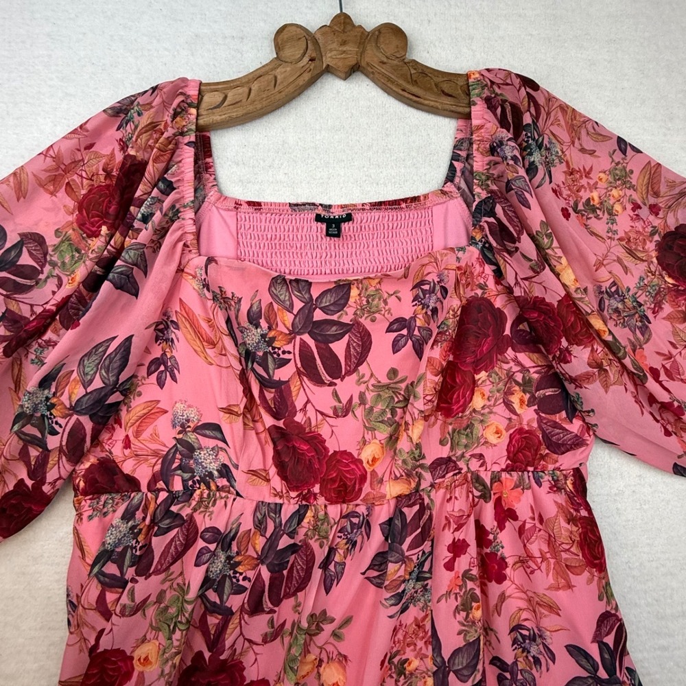 Torrid Pink Floral Dress Smocked Puff Sleeve Plus 3 3X romantic cottagecore - Picture 9 of 13